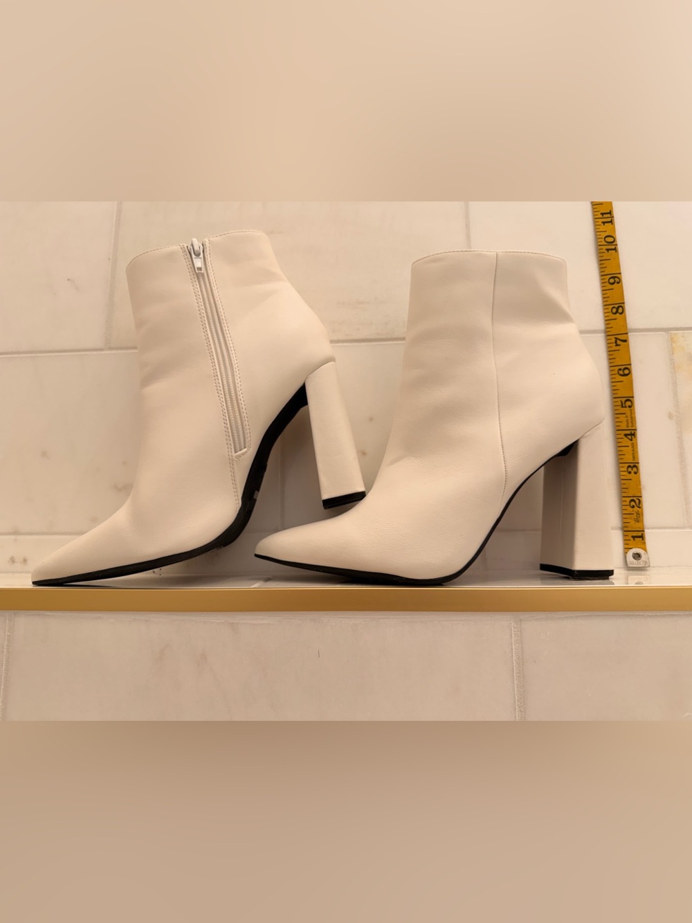 Pointed Toe White Ankle Booties with Block Heel